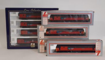 Four boxed 00 gauge Class 47 diesel locomotives and a pack of 4 coaches all by Lima in Rail