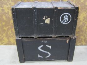 Two vintage pine packing crates, with painted finish