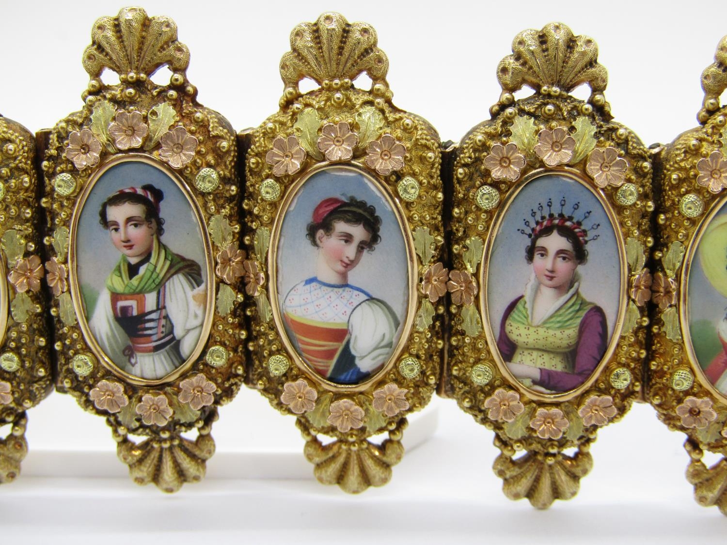 A fine 19th century Swiss gold and enamel portrait bracelet, formed of ten individual waist length - Image 6 of 14