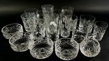 A mixed selection of cut glass including red wine glasses, white wine, brandy balloons, tumblers,