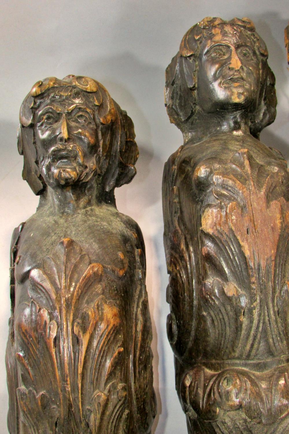 A group of six late 18th / 19th century Flemish carved oak figural mounts / adornments, 63cm high, - Image 3 of 9