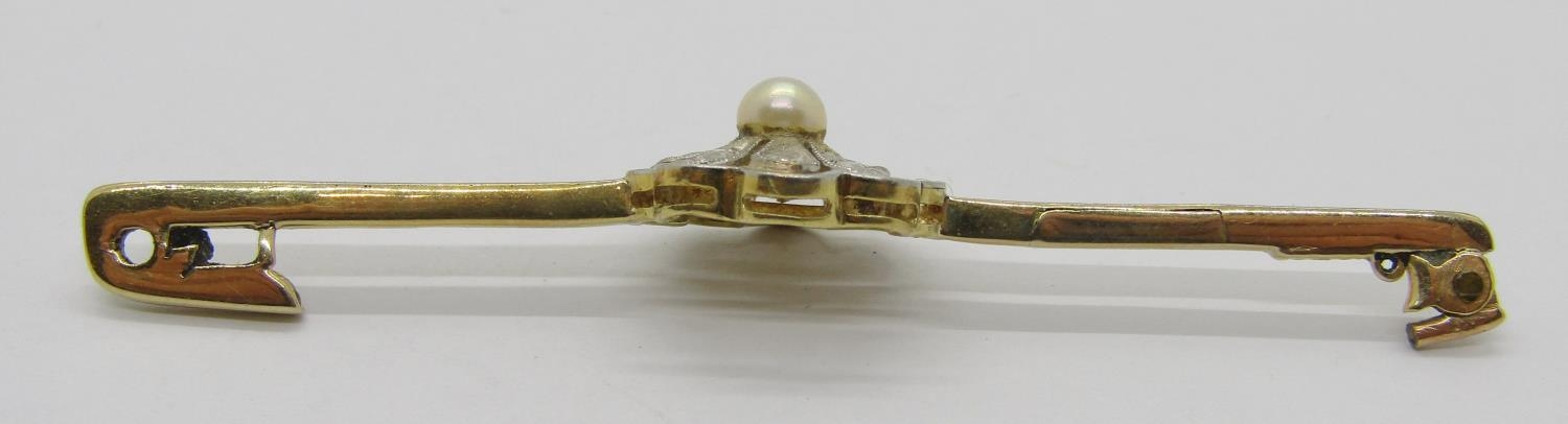 Early 20th century 15ct bi-colour bar brooch set with a pearl and rose-cut diamond cluster, 6.4cm - Image 3 of 4