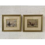 A pair of paintings of sailing boats by the coastline, possibly with Whitby in the distance,