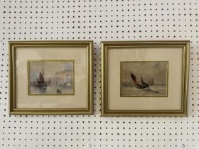 A pair of paintings of sailing boats by the coastline, possibly with Whitby in the distance,