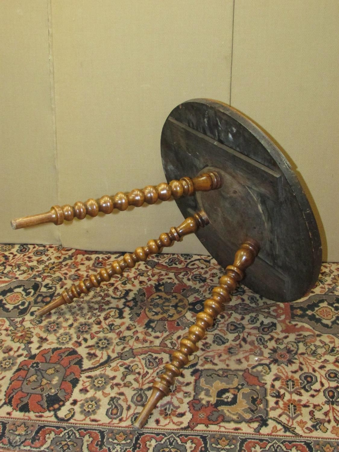 A 19th century chequerboard games table, in mixed woods, raised on three bobbin supports, 62cm - Image 3 of 3