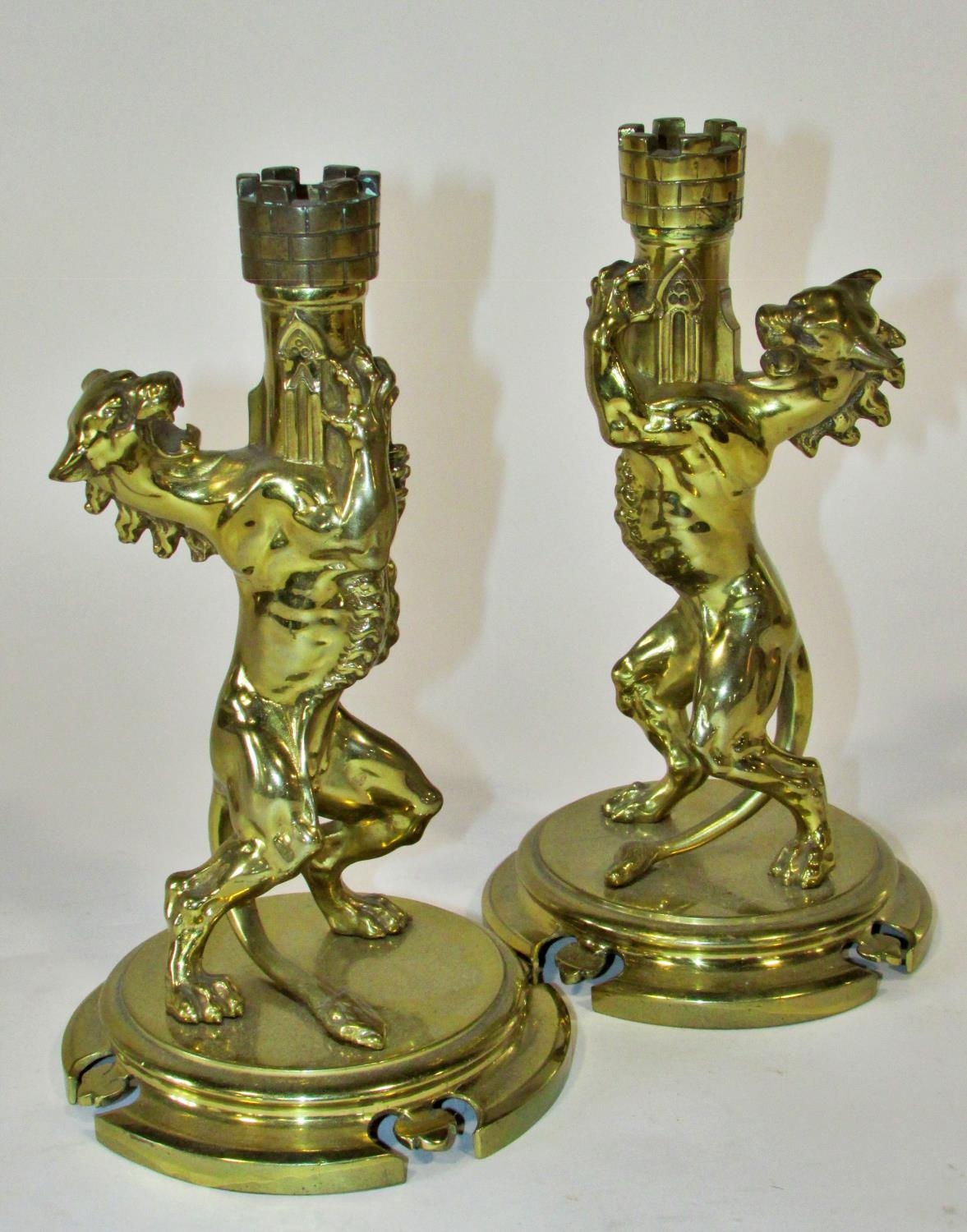 A good pair of heavy 19th century brass heraldic candlesticks, a symmetrical pair of Heraldic lions, - Image 2 of 5