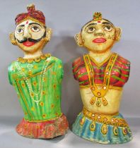 Two Indian polychrome painted Rajasthani papier-mâché bust of a man and a woman, both