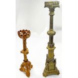 A 19th century ecclesiastical brass pricket candlestick of Puginesque form, with pierced hexagonal