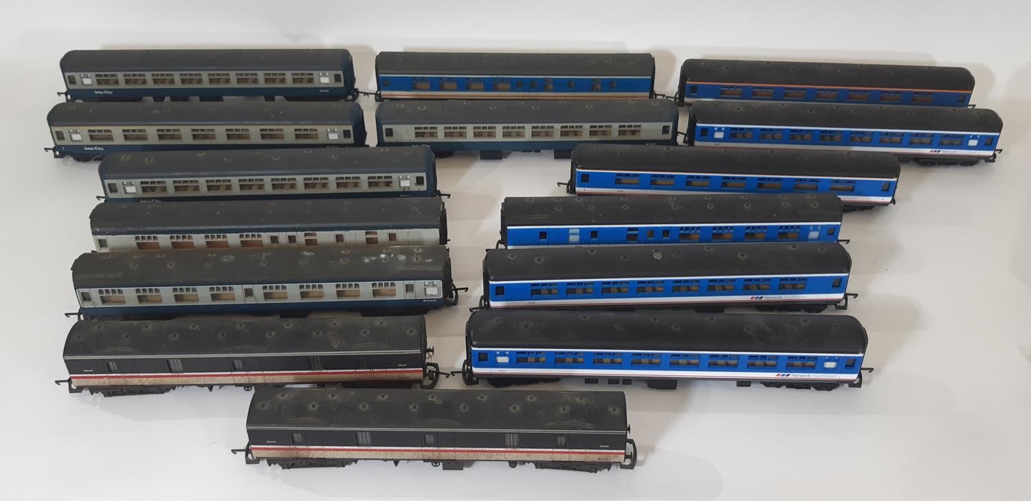 Thirteen 00 gauge railway coaches by Lima comprising 6 Network South East coaches, 4 Inter-City, 2