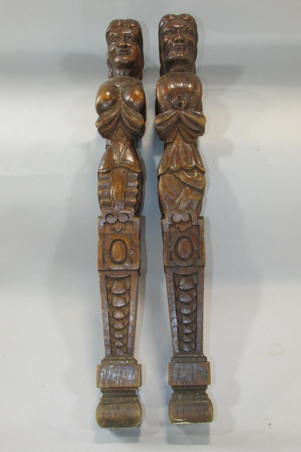 A group of six late 18th / 19th century Flemish carved oak figural mounts / adornments, 63cm high, - Image 6 of 9