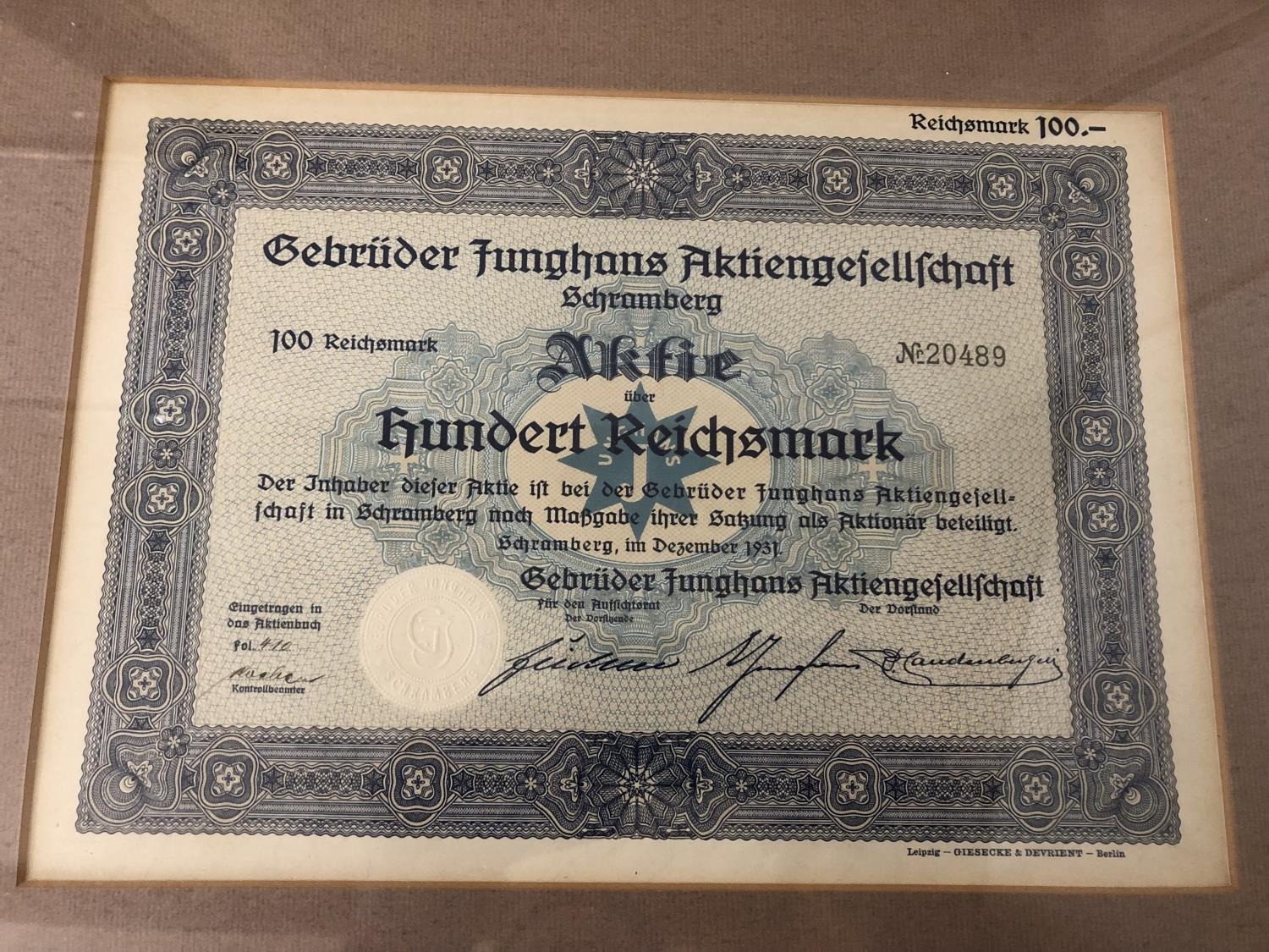 Four German certificates and bills, to include: A one hundred Reichsmark bill; A bill inscribed ' - Image 2 of 5