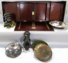 A 19th century bed folding reading tray, a Dinah money box, muffin tray, door knocker, leather