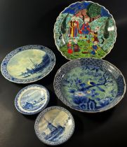 Four Delft plates, a Persian plate showing musicians upon a terrace, (5)