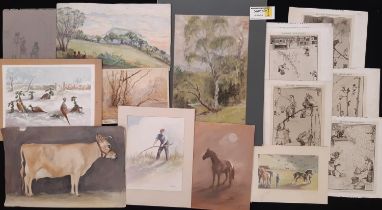 A collection of 20th century watercolours, prints and greetings cards, to include: N. F. Dawe -