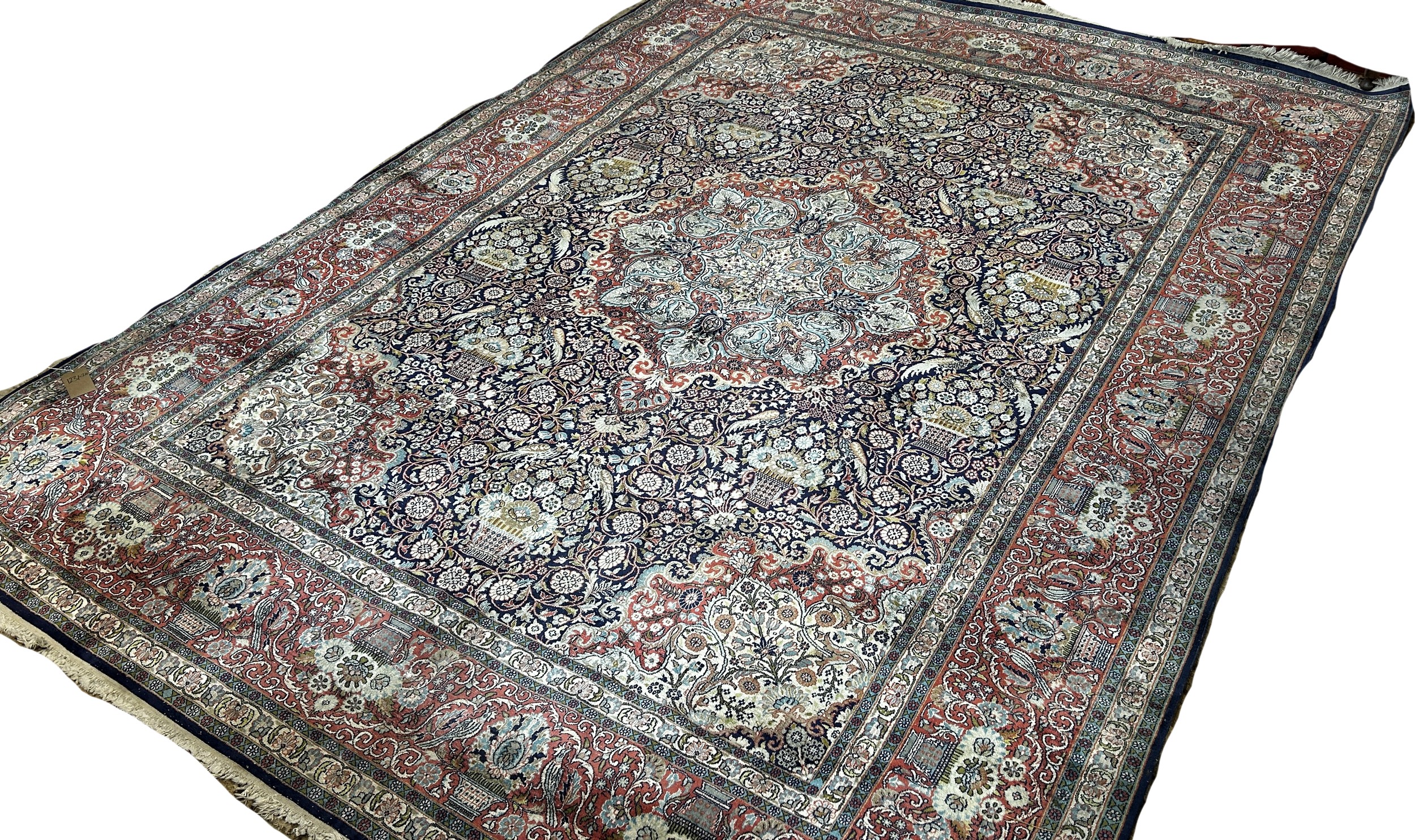 A large Fine Persian cotton and silk carpet with a central floral medallion and with all over floral - Image 3 of 3