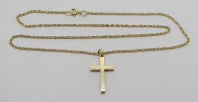 9ct cross pendant hung from a 9ct rope twist chain necklace, 5g