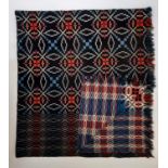 Traditional Welsh woollen blanket in reversible weave in red, blue, black and white, 240x220cm