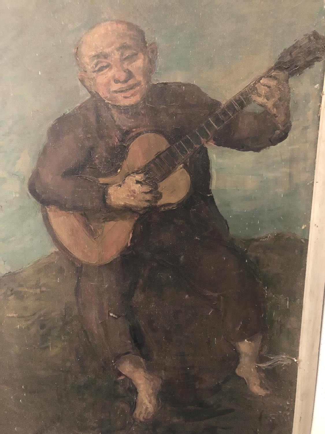 An very large genre painting depicting a seated musician playing the guitar, early 20th century, oil - Image 3 of 4