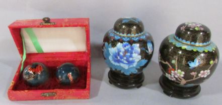 Two Chinese cloisonné ginger jars flowers on stylised clouds, both with stands 13cm including stand,