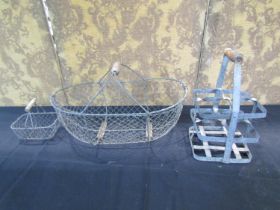 Two wirework Oyster baskets and a further bottle crate