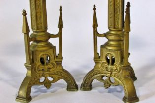 A small pair of late 19th / early 20th century continental cast metal Puginesque candlesticks,