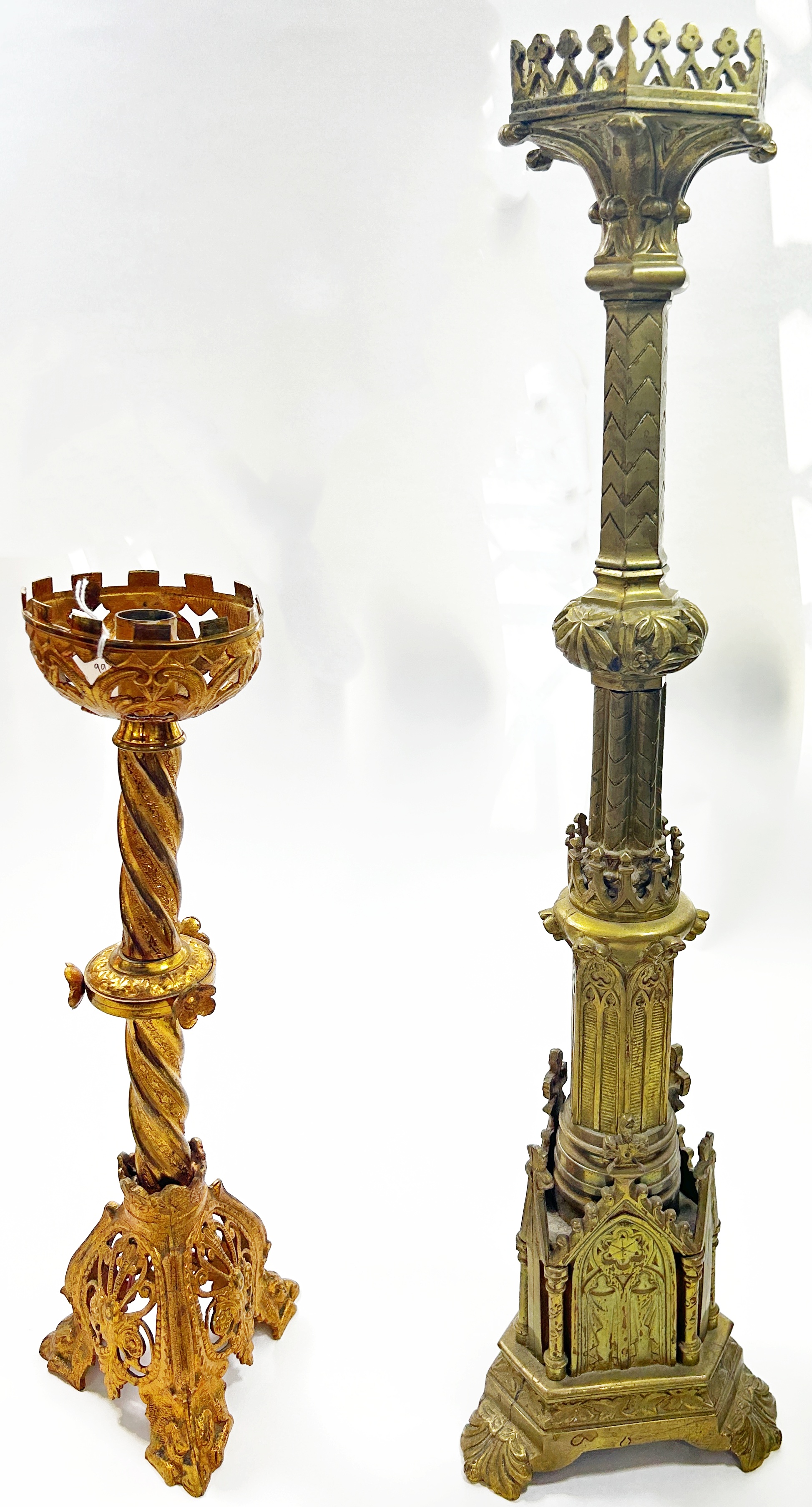 A 19th century ecclesiastical brass pricket candlestick of Puginesque form, with pierced hexagonal - Image 2 of 3