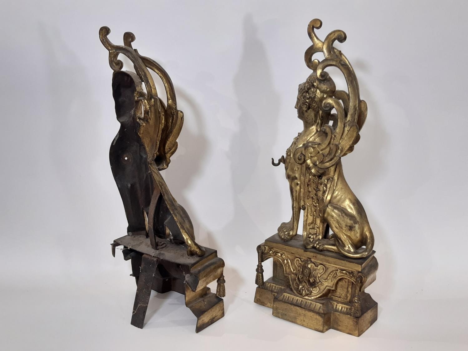 A substantial pair of 19th century cast gilt brass and ormolu fire dogs / figures in the form of - Image 3 of 3