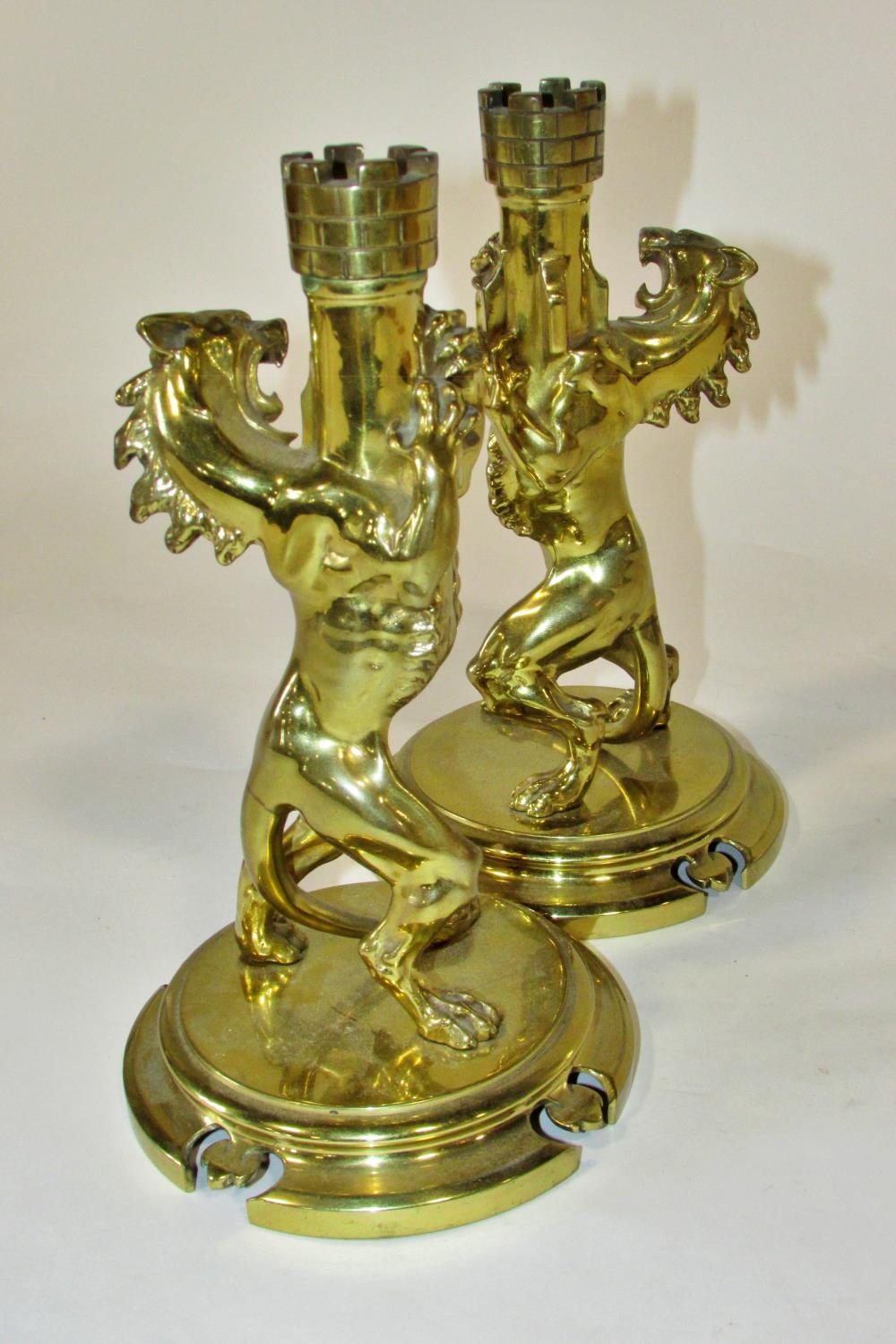 A good pair of heavy 19th century brass heraldic candlesticks, a symmetrical pair of Heraldic lions, - Image 3 of 5