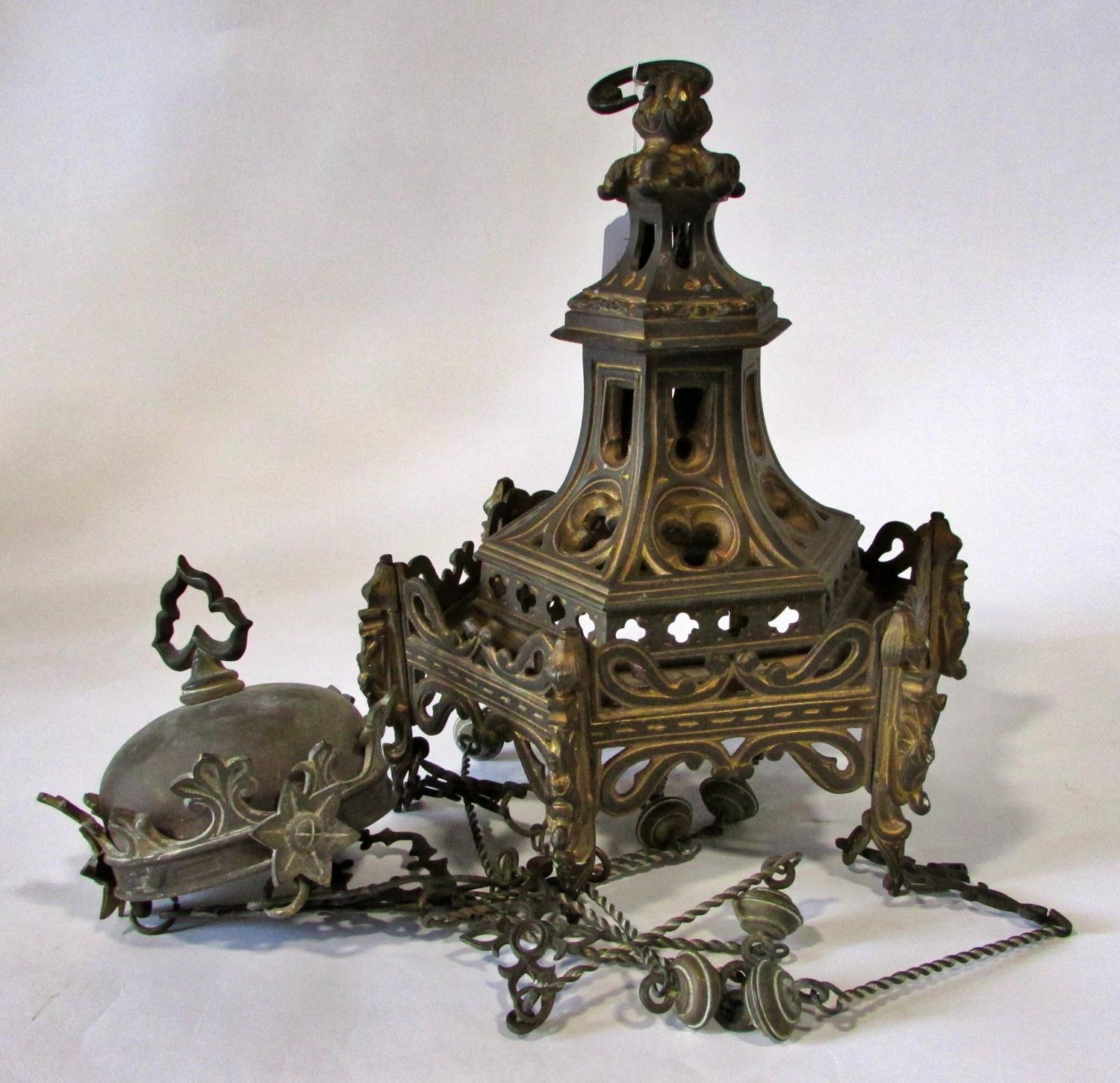 A 19th century heavy cast gilt metal ecclesiastical gothic ceiling light, with pierced and