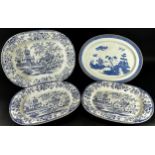 Three blue and white transfer ware Colandine design platters and a further willow pattern platter