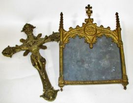 A 19th century Puginesque ecclesiastical brass framed hymn board, of arched form with pointed