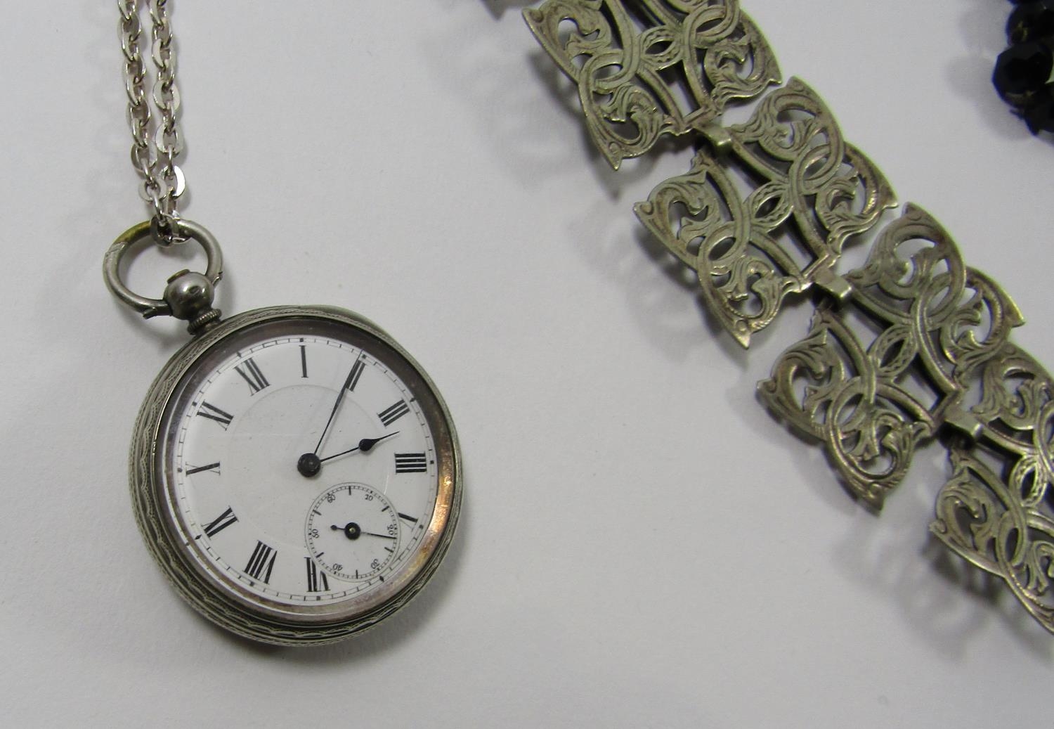 Warranted 800 silver pocket watch, EPNS pierced belt and three French jet bead necklaces (5) - Image 2 of 3