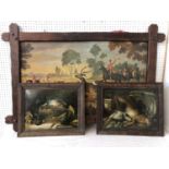 Three 19th/20th century framed prints, to include: A deer hunting scene in tramp art frame,