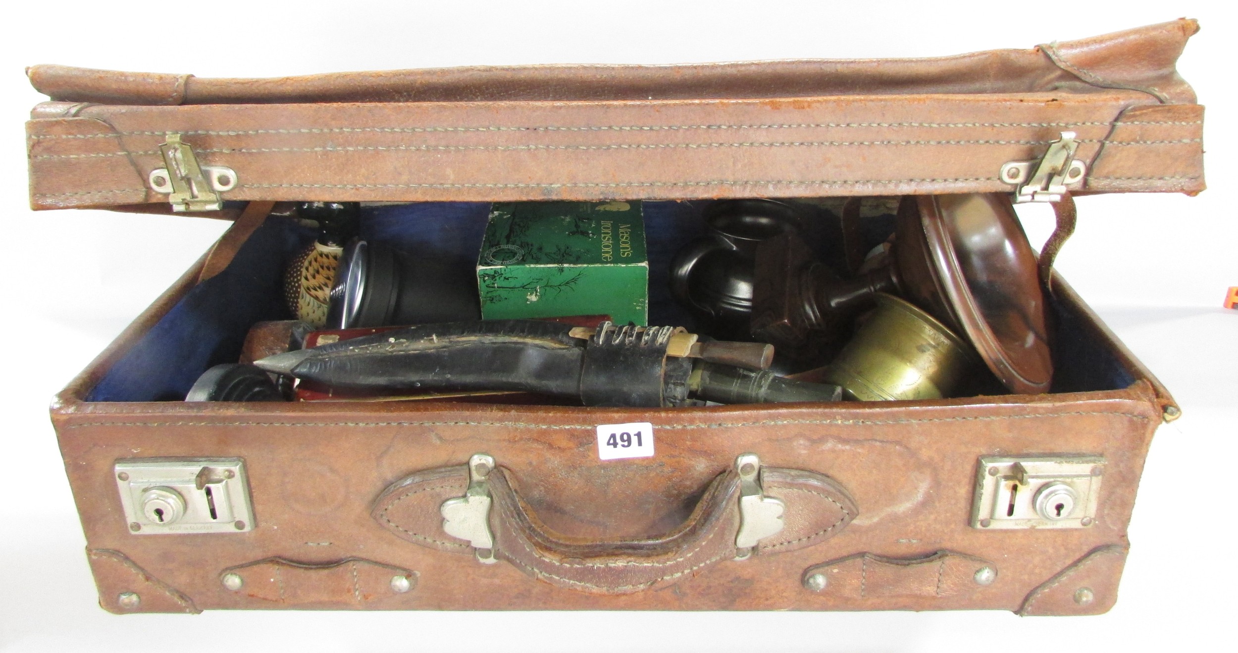Two vintage battered leather suitcases, containing a miscellaneous collection of items including two - Image 8 of 9
