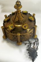 A late 19th century ecclesiastical gilt metal six light circular ceiling light / chandelier, with