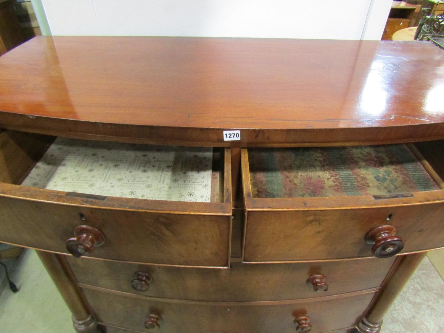 A Victorian mahogany bow front chest of three long and two short drawers with column supports, 128cm - Image 5 of 5