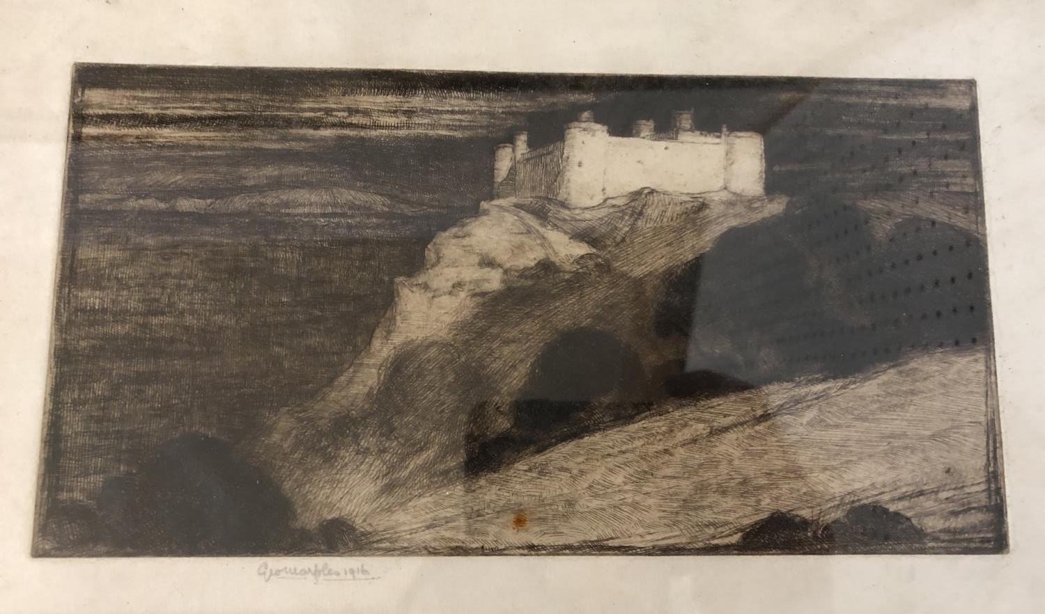 A group of seven etchings and prints to include: A. Gaimes - monochrome print of two workers in - Image 8 of 10