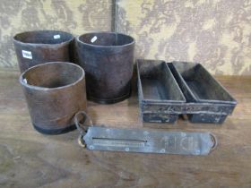 Three Victorian bushel measures, Salter balance scales, etc