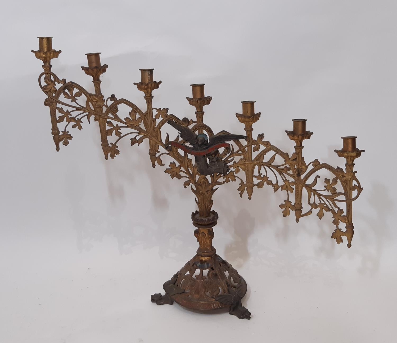A pair of continental ecclesiastical gothic seven light candlesticks, of graduating form, with - Image 4 of 6
