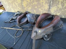 A heavy good quality leather horse collar, further horse harness and a working dog harness collar