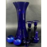A Group of Bristol Blue Glass ware including a tall waisted vase, 35cm high, a pair of