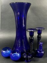 A Group of Bristol Blue Glass ware including a tall waisted vase, 35cm high, a pair of