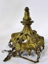 A heavy 19th century gothic cast gilt brass ceiling light, with pierced acanthus mounts, 30cm