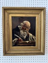 19th Century School - Portrait of a bearded scribe, resting his head on one hand while holding a
