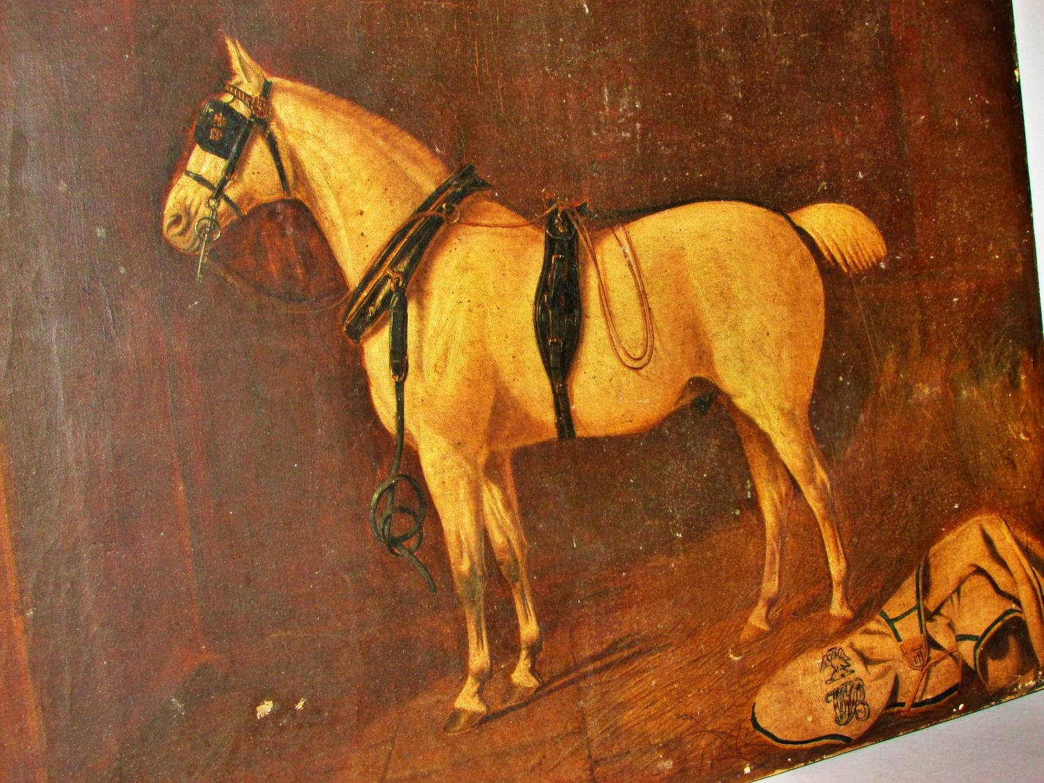 19th Century School - Equestrian portrait of a horse in profile in stables, with family crest to - Image 4 of 5