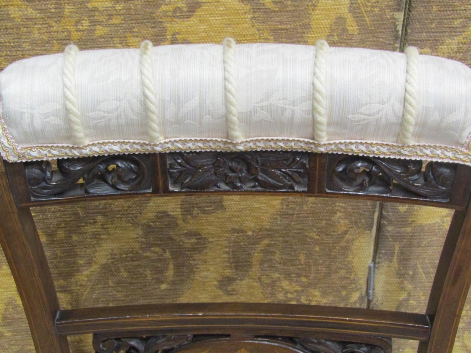 A pair of Edwardian rosewood occasional chairs, with inlaid detail, pierced and carved splats, - Image 4 of 9