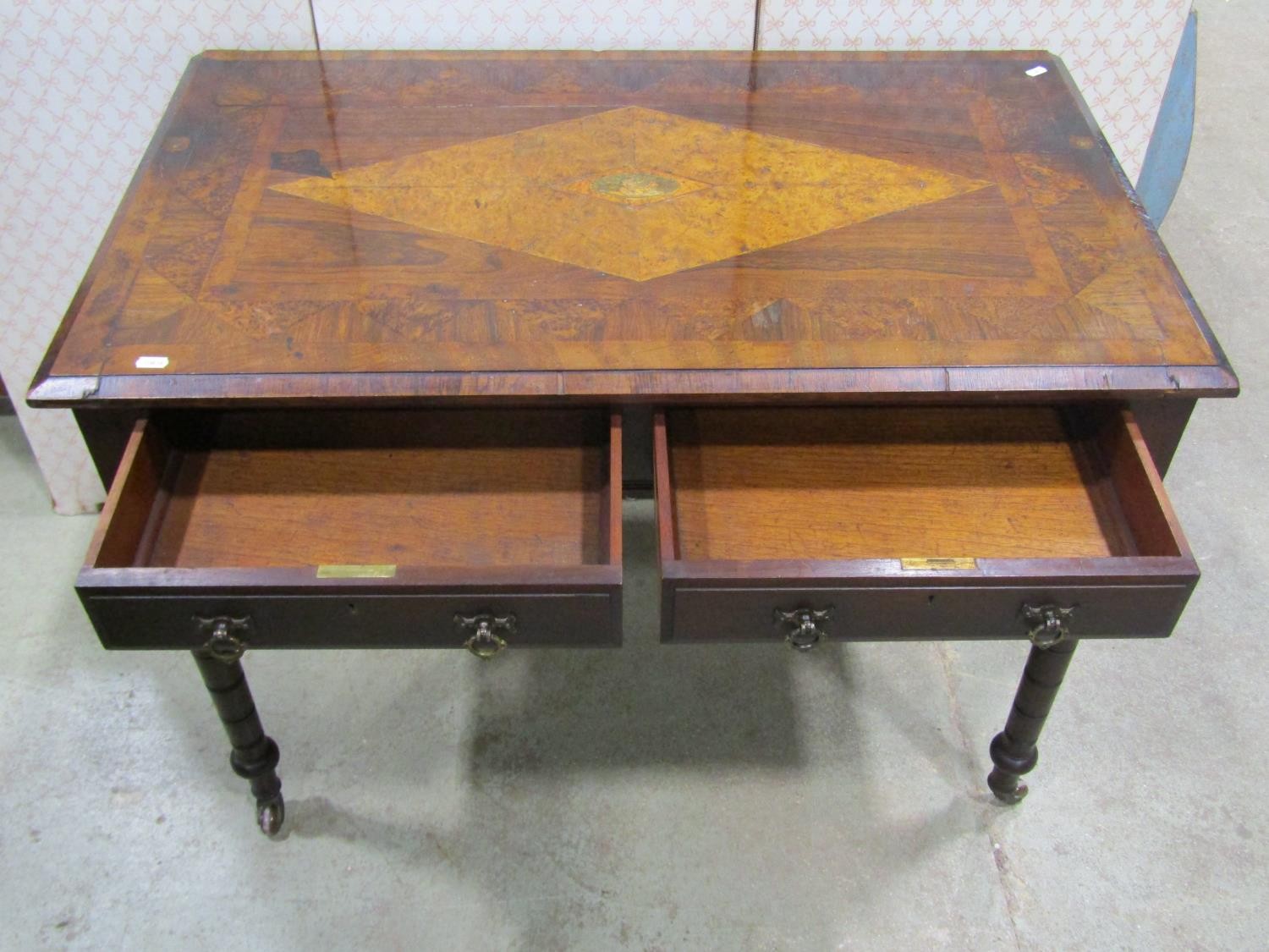 Victorian side table, the top in mixed wood with geometric detail, to the centre Britannia with - Image 2 of 5