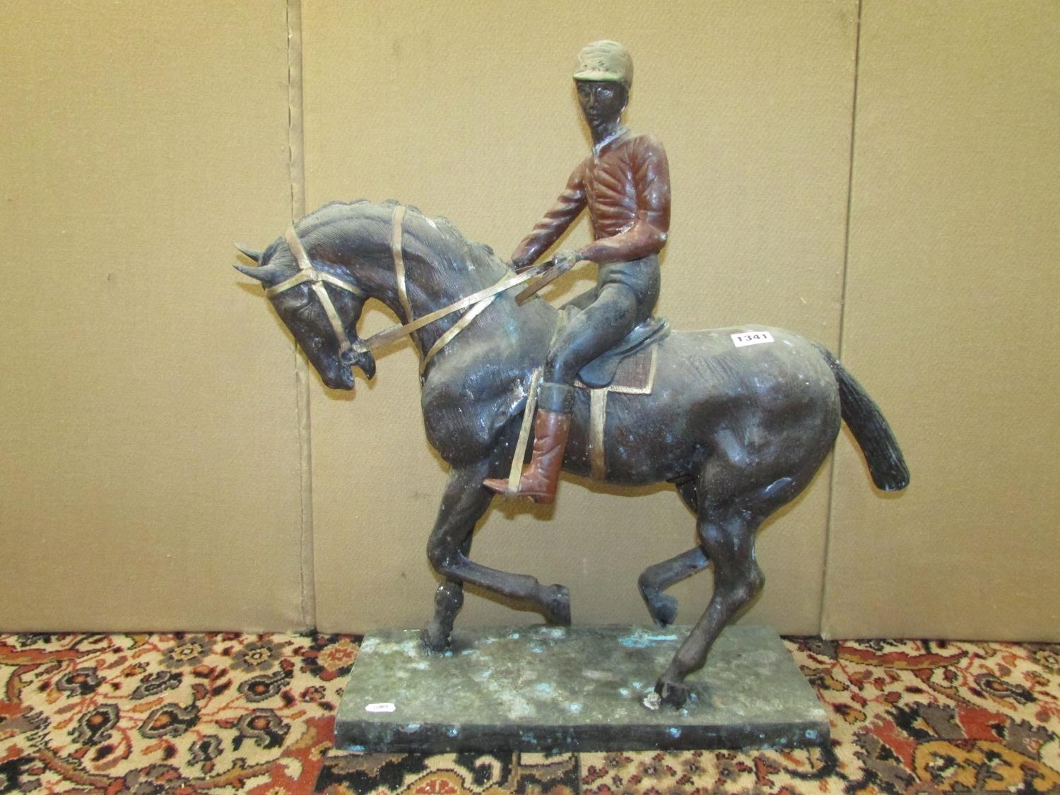 A Bronze equestrian group - with mounted jockey, 58cm high x 50cm long - Image 4 of 5