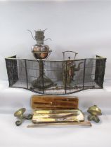 A Georgian Serpentine wire fire, fender, copper kettle on burner, Art Nouveau lamp pully, an oil
