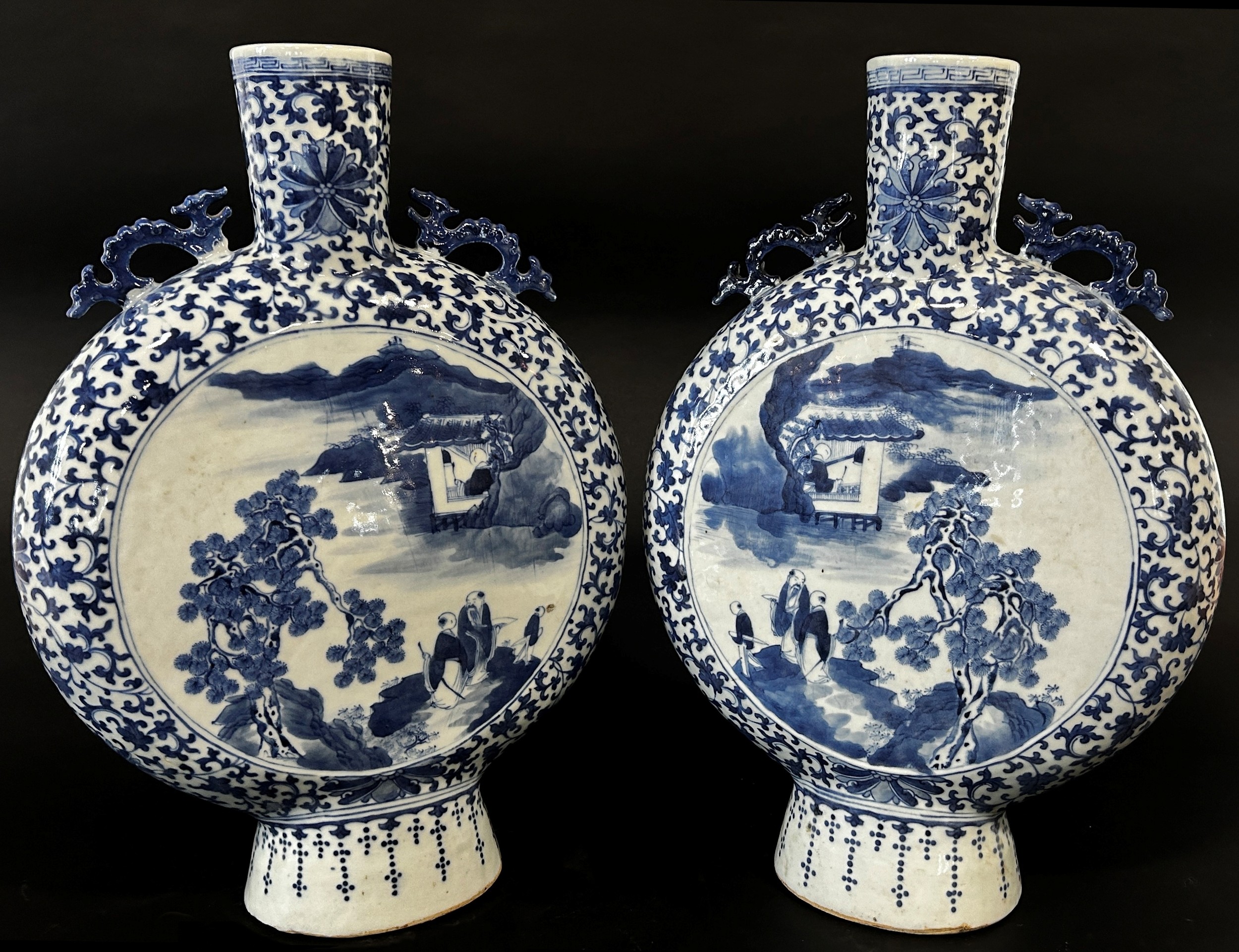 A pair of large blue and white Chinese moon flasks, Qing Dynasty showing characters in landscape - Image 4 of 4